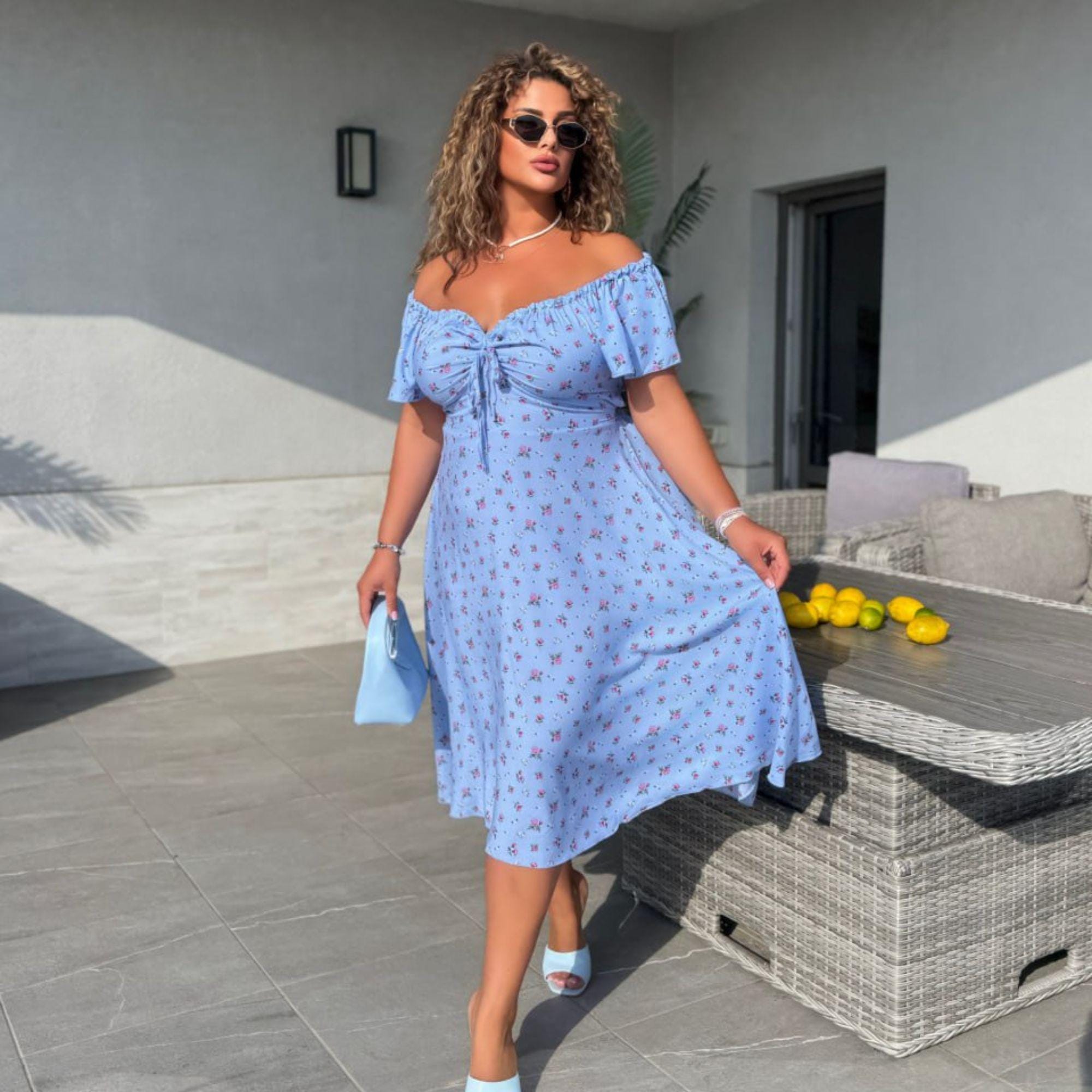 Plus Size Floral Midi Dress: Romantic Offshoulder Rayon