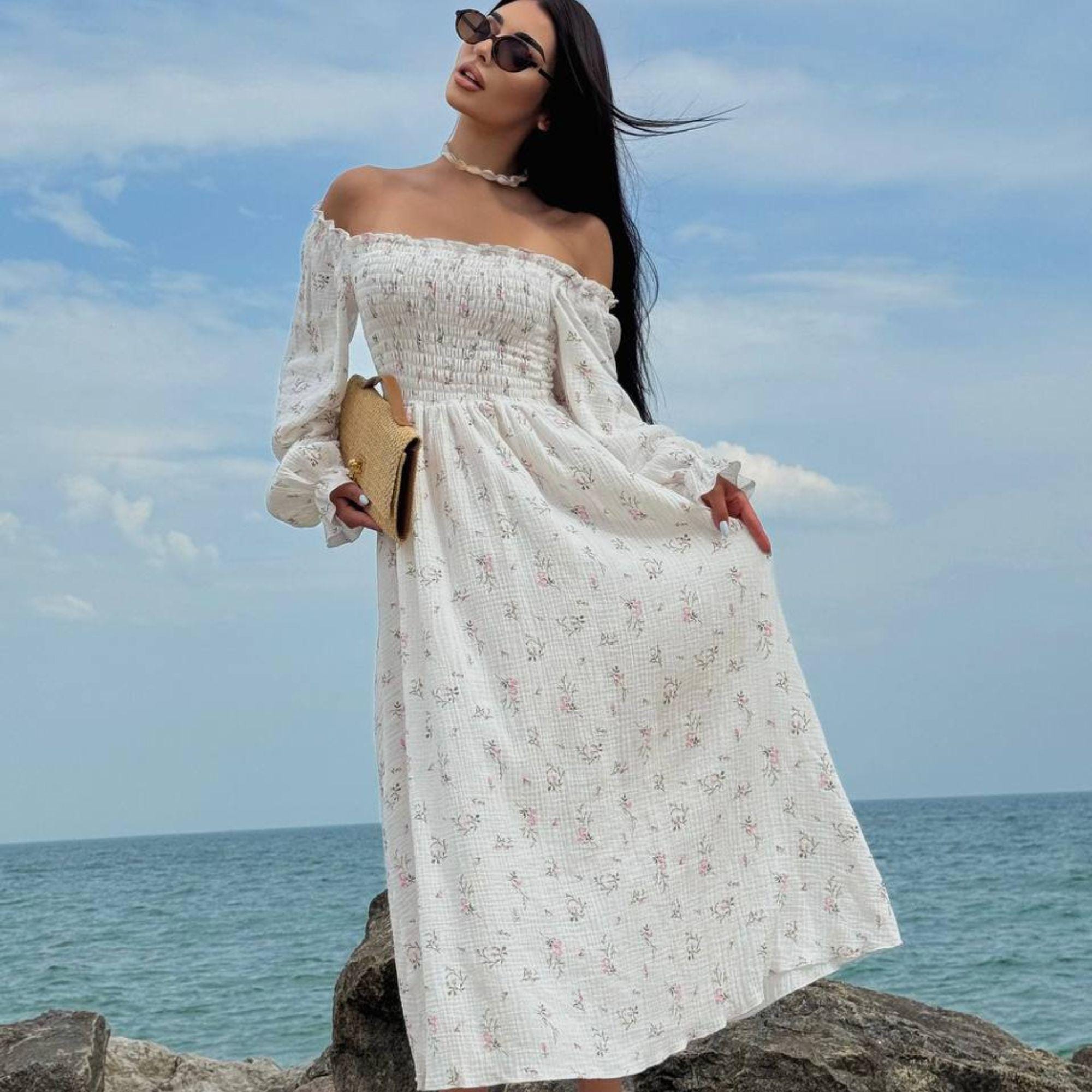 Floral Print Cotton Maxi Dress: Offshoulder Boho Summer